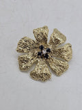 14ct Yellow Gold Sapphire and Diamond Large Flower Brooch - Vintage / Antique