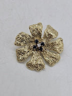 14ct Yellow Gold Sapphire and Diamond Large Flower Brooch - Vintage / Antique
