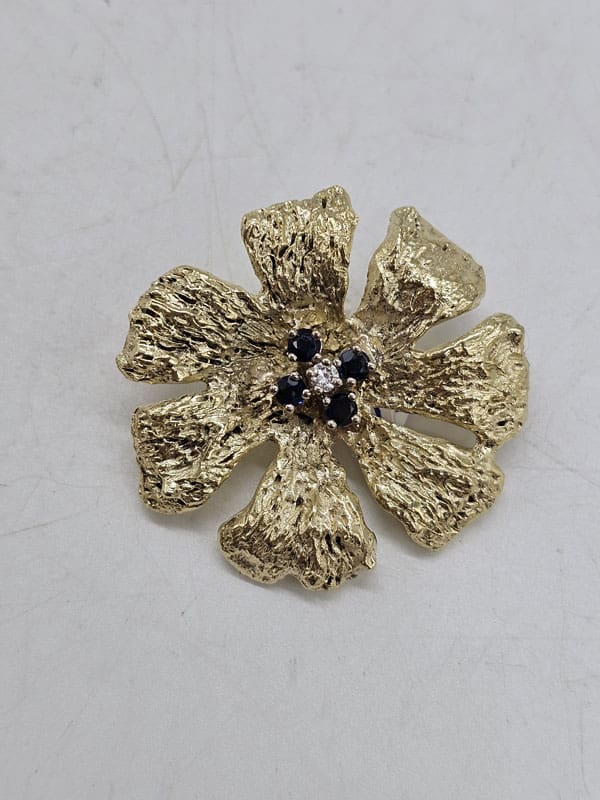 14ct Yellow Gold Sapphire and Diamond Large Flower Brooch - Vintage / Antique