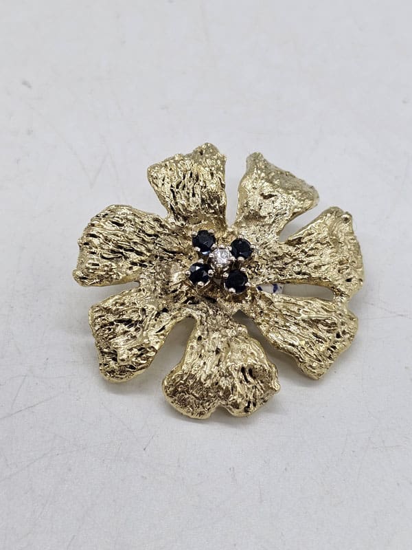 14ct Yellow Gold Sapphire and Diamond Large Flower Brooch - Vintage / Antique