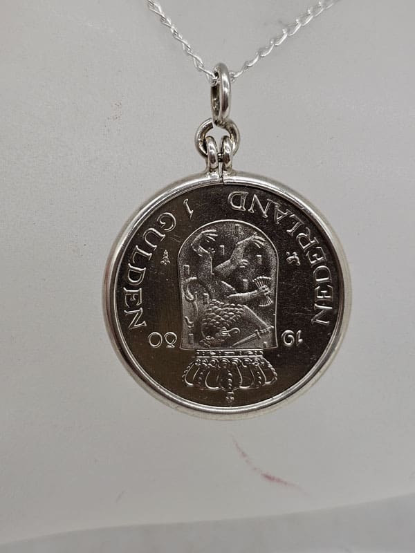 Sterling Silver Gulden Netherlands Coin Pendant on Silver Chain - Vintage