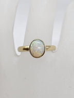 9ct Yellow Gold Opal Solid White with Multi-Colours Bezel Set Ring