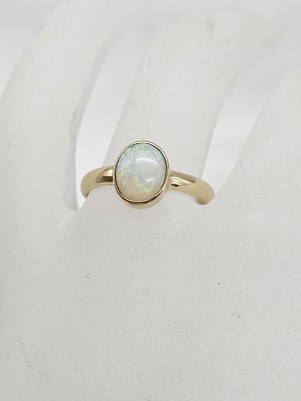 9ct Yellow Gold Opal Solid White with Multi-Colours Bezel Set Ring