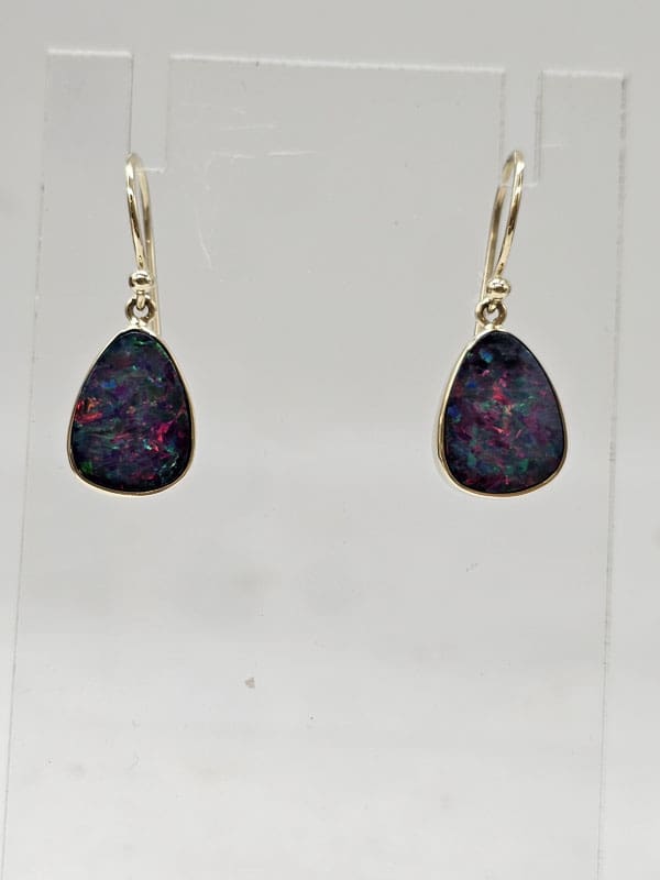 9ct Yellow Gold Opal Cooper Pedy Doublet Blue with Multi-Colours Triangular Drop Earrings