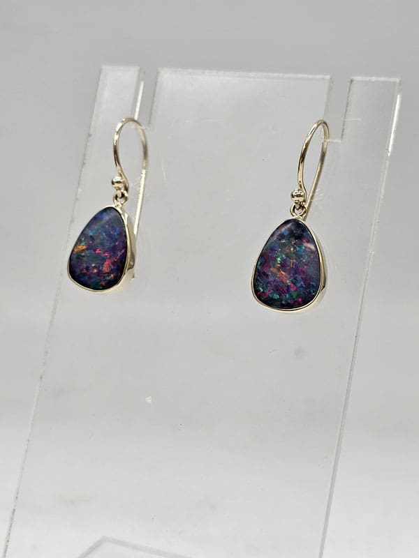 9ct Yellow Gold Opal Cooper Pedy Doublet Blue with Multi-Colours Triangular Drop Earrings