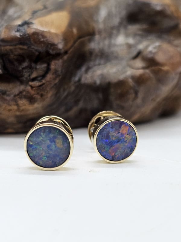 9ct Yellow Gold Opal Cooper Pedy Doublet Blue with Multi-Colours Round Bezel Set Studs Earrings - Large
