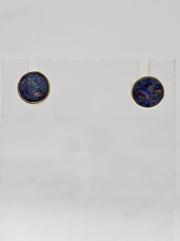 9ct Yellow Gold Opal Cooper Pedy Doublet Blue with Multi-Colours Round Bezel Set Studs Earrings - Large