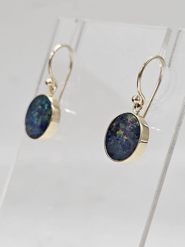 9ct Yellow Gold Opal Cooper Pedy Doublet Blue with Multi-Colours Oval Drop Earrings