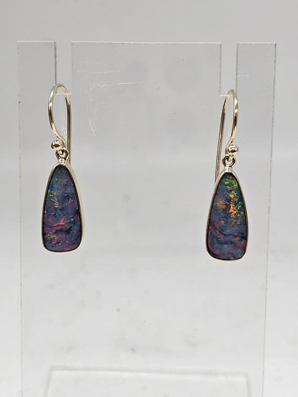 9ct Yellow Gold Opal Cooper Pedy Doublet Blue with Multi-Colours Triangular Drop Earrings