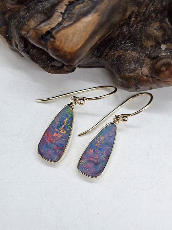 9ct Yellow Gold Opal Cooper Pedy Doublet Blue with Multi-Colours Triangular Drop Earrings