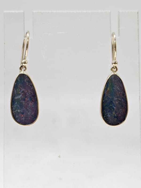 9ct Yellow Gold Opal Cooper Pedy Doublet Blue with Multi-Colours Teardrop / Pear Shaped Drop Earrings