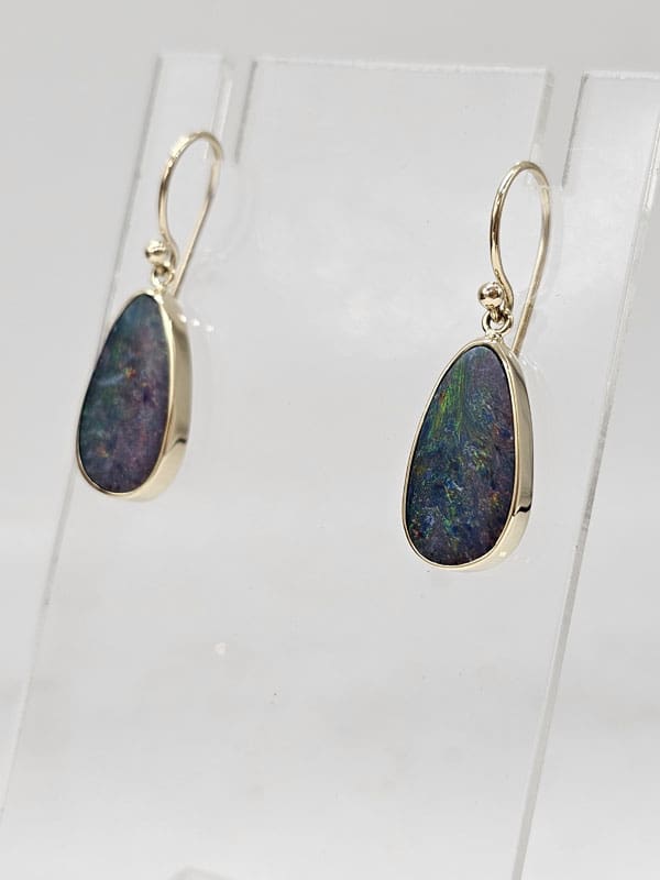 9ct Yellow Gold Opal Cooper Pedy Doublet Blue with Multi-Colours Teardrop / Pear Shaped Drop Earrings