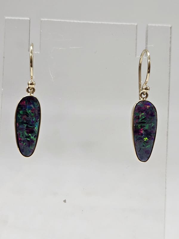 9ct Yellow Gold Opal Cooper Pedy Doublet Blue with Multi-Colours Elongated Drop Earrings