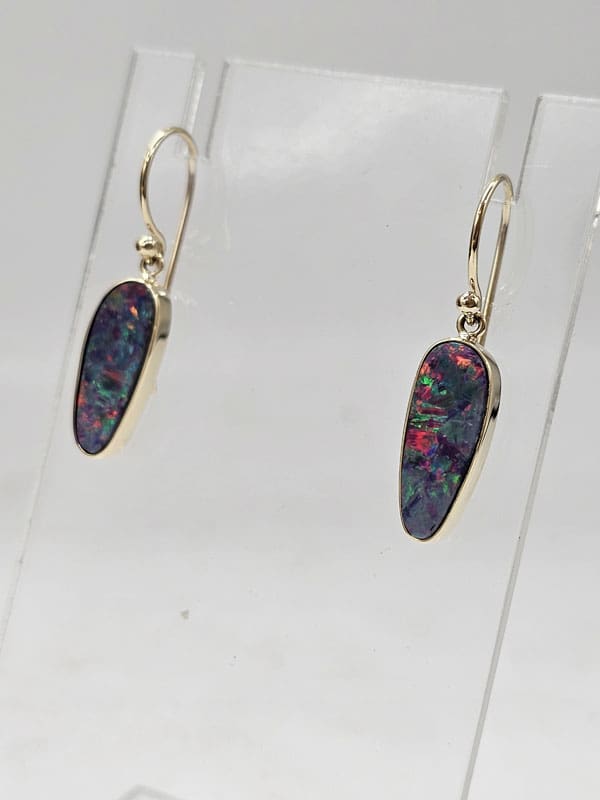 9ct Yellow Gold Opal Cooper Pedy Doublet Blue with Multi-Colours Elongated Drop Earrings