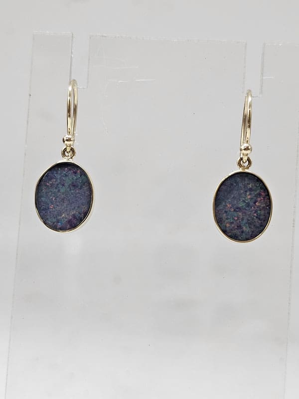 9ct Yellow Gold Opal Cooper Pedy Doublet Blue with Multi-Colours Oval Drop Earrings