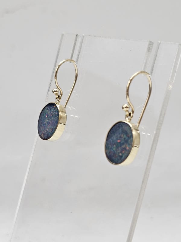 9ct Yellow Gold Opal Cooper Pedy Doublet Blue with Multi-Colours Oval Drop Earrings