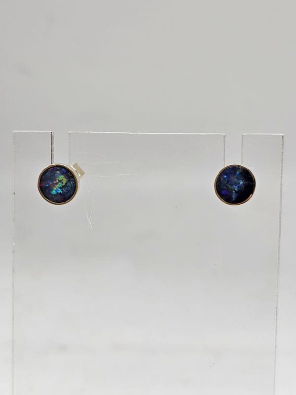 9ct Yellow Gold Opal Cooper Pedy Doublet Blue with Multi-Colours Round Bezel Set Studs Earrings - Small