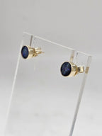 9ct Yellow Gold Opal Cooper Pedy Doublet Blue with Multi-Colours Round Bezel Set Studs Earrings - Small