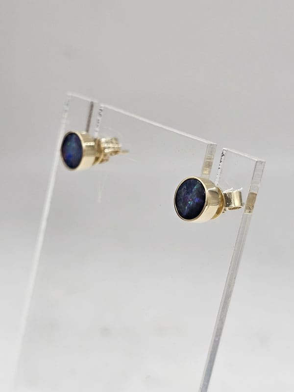 9ct Yellow Gold Opal Cooper Pedy Doublet Blue with Multi-Colours Round Bezel Set Studs Earrings - Small