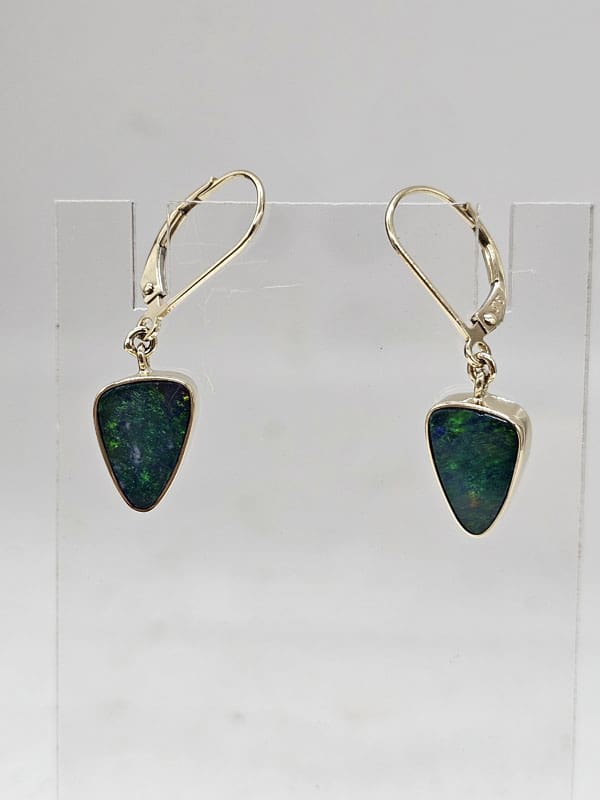 9ct Yellow Gold Opal Cooper Pedy Doublet Blue with Multi-Colours Triangular Shape Drop Earrings - with Euro Clasp Hook