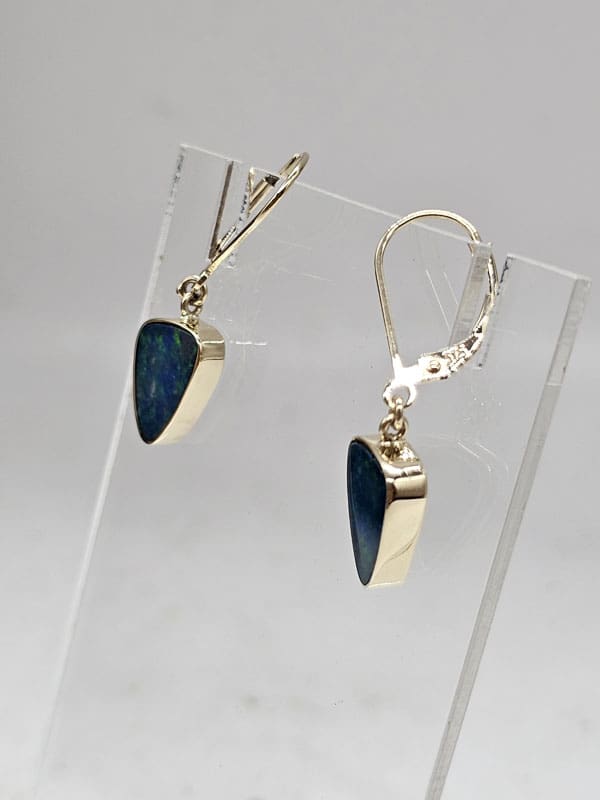 9ct Yellow Gold Opal Cooper Pedy Doublet Blue with Multi-Colours Triangular Shape Drop Earrings - with Euro Clasp Hook