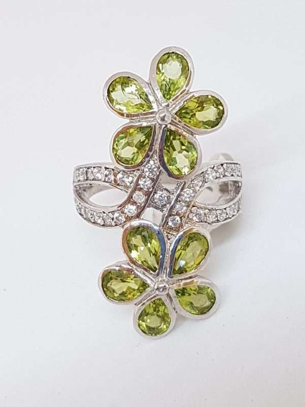 Sterling Silver Large Peridot and CZ Flower Ring