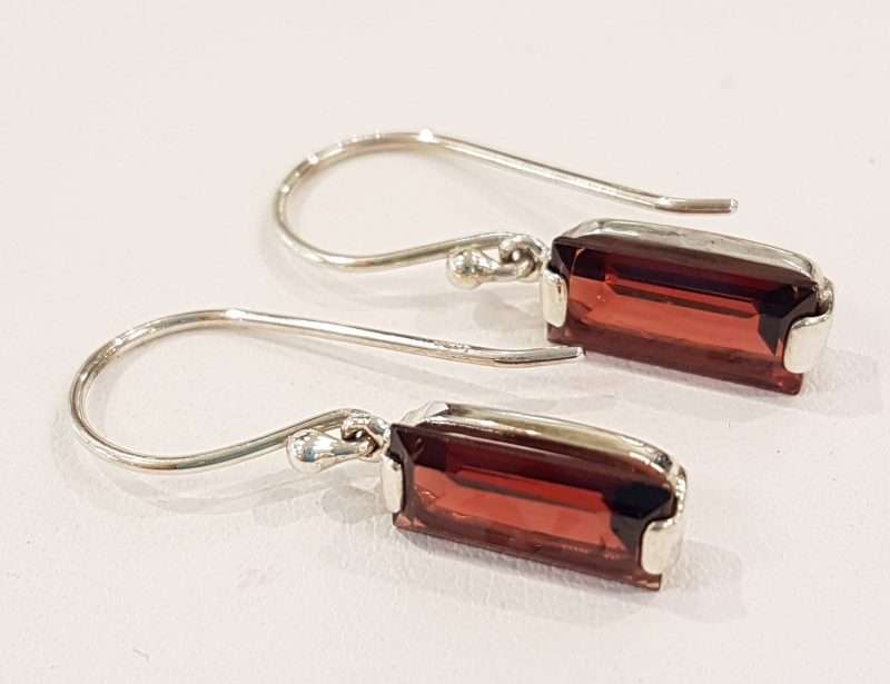 Sterling Silver Long Rectangular Garnet Drop Earrings