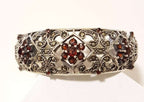 Ornate Sterling Silver Garnet and Marcasite Wide Hinged Bangle