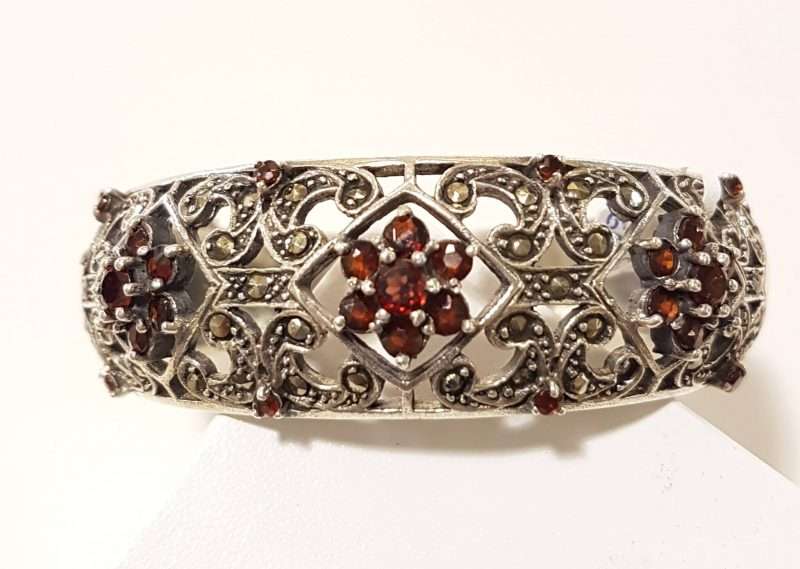 Ornate Sterling Silver Garnet and Marcasite Wide Hinged Bangle