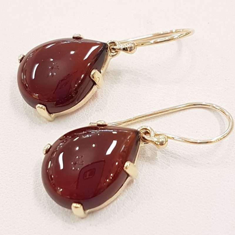 9ct Gold Cabochon Cut Garnet Drop Earrings - Teardrop Shape