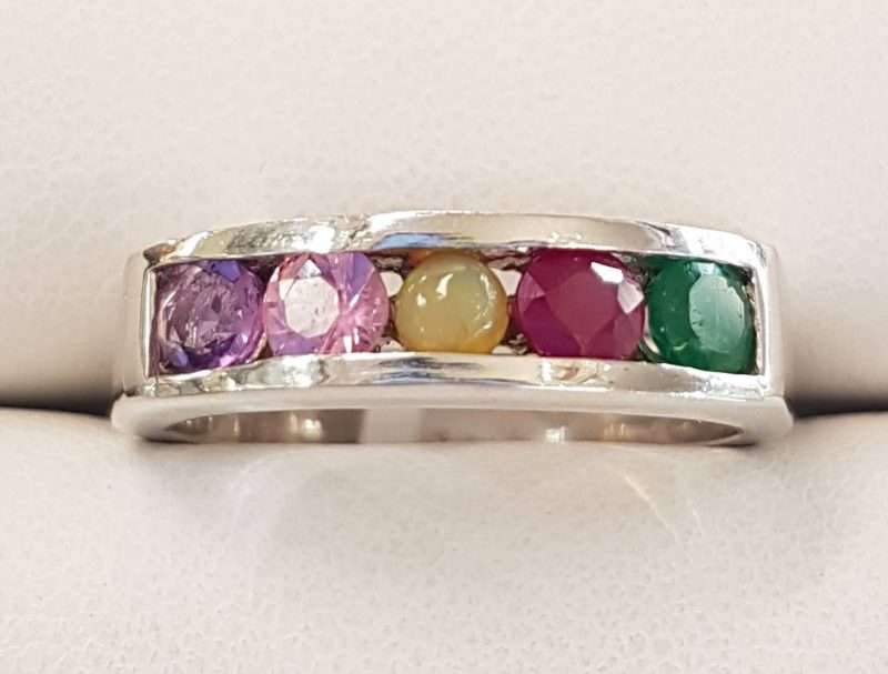 Sterling Silver Multi-Colour Gemstone " AMORE " Ring - Amethyst, Morganite, Opal, Ruby and Emerald