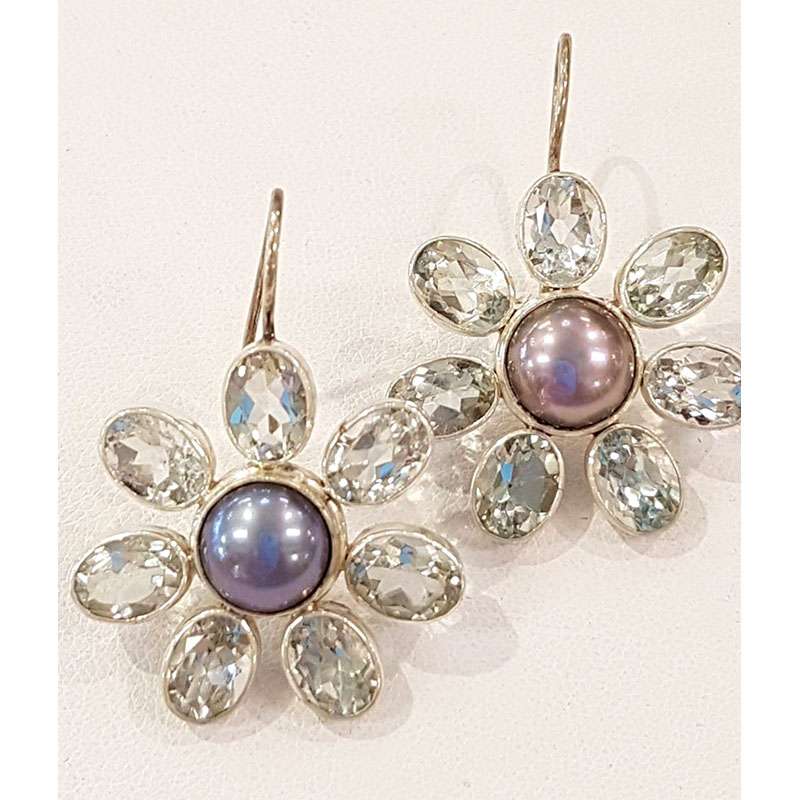 Sterling Silver Green Amethyst / Prasiolite and Pearl Flower Earrings