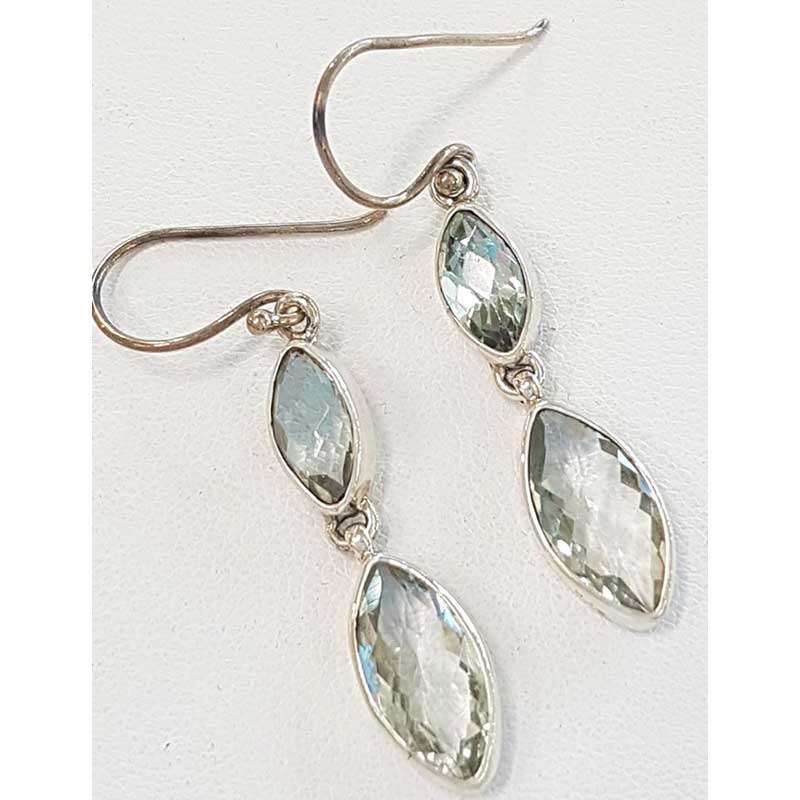 Sterling Silver Green Amethyst / Prasiolite Earrings - Long Drop Marquis Shape