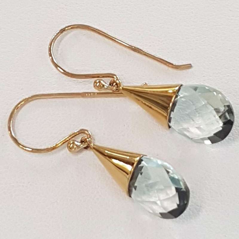 9ct Yellow Gold Green Amethyst / Prasiolite Cone Shape Drop Earrings