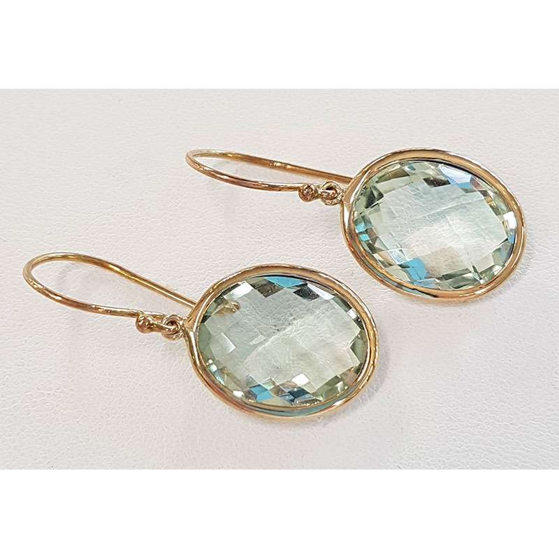 9ct Yellow Gold Large Green Amethyst / Prasiolite Oval Bezel Set Drop Earrings