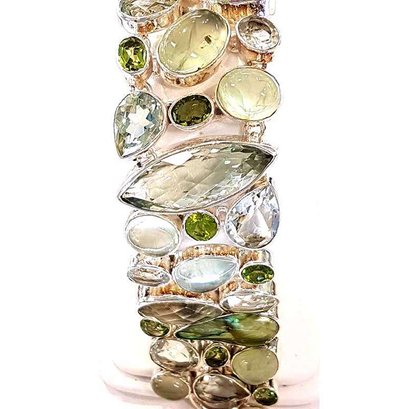 Sterling Silver Green Amethyst / Prasiolite, Prehnite, Pearl and Peridot Wide Bracelet