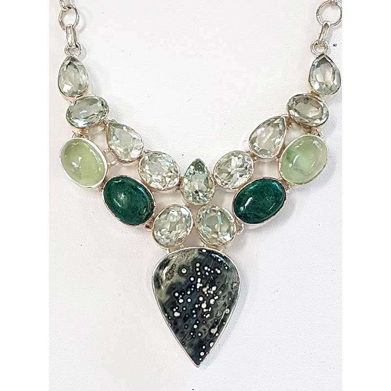 Sterling Silver Green Amethyst / Prasiolite , Prehnite, Chrysopraise and Amphibolite Large Cluster Necklace