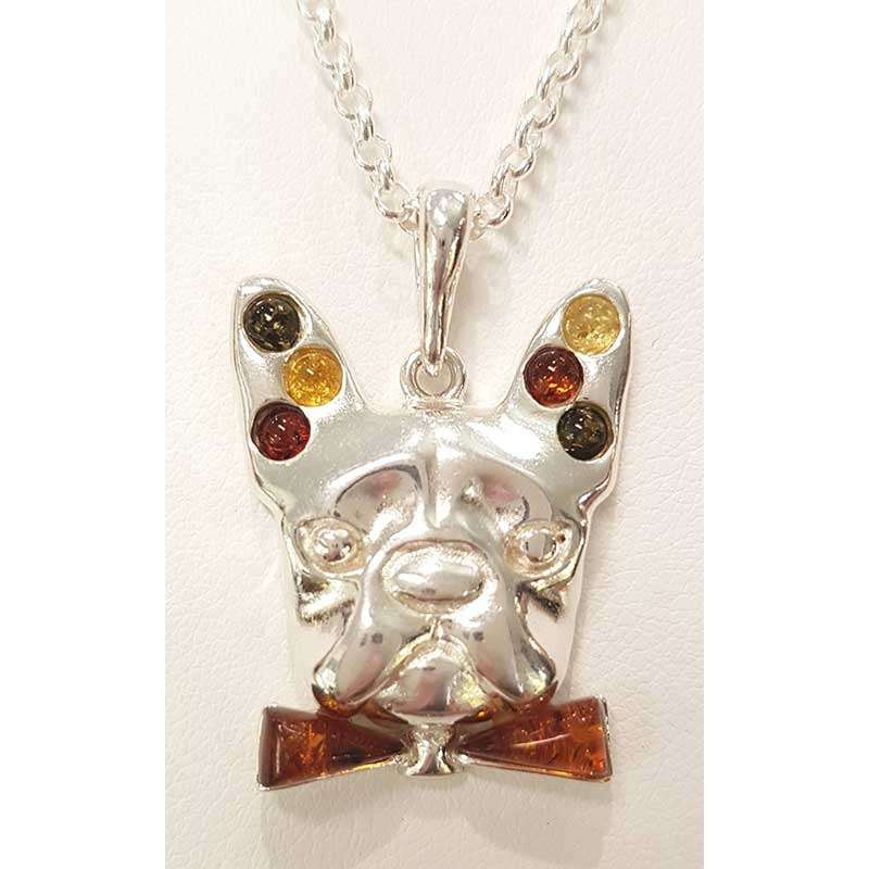 Sterling Silver Multi-Colour Natural Baltic Amber Dog Pendant on Chain - French Bull Dog