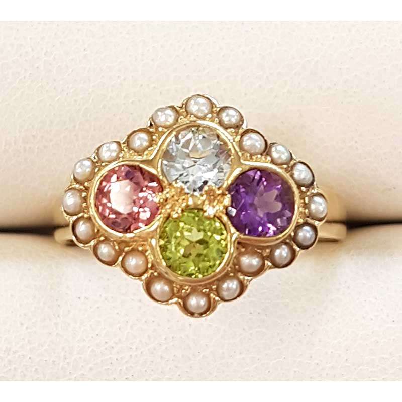 9ct Yellow Gold Multi-Coloured Gemstone Ring - Pink Tourmaline, Topaz, Peridot, Amethyst and Seed Pearl