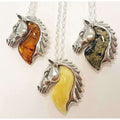 Sterling Silver and Amber Horse Pendant on Chain - Green, Butter and Brown