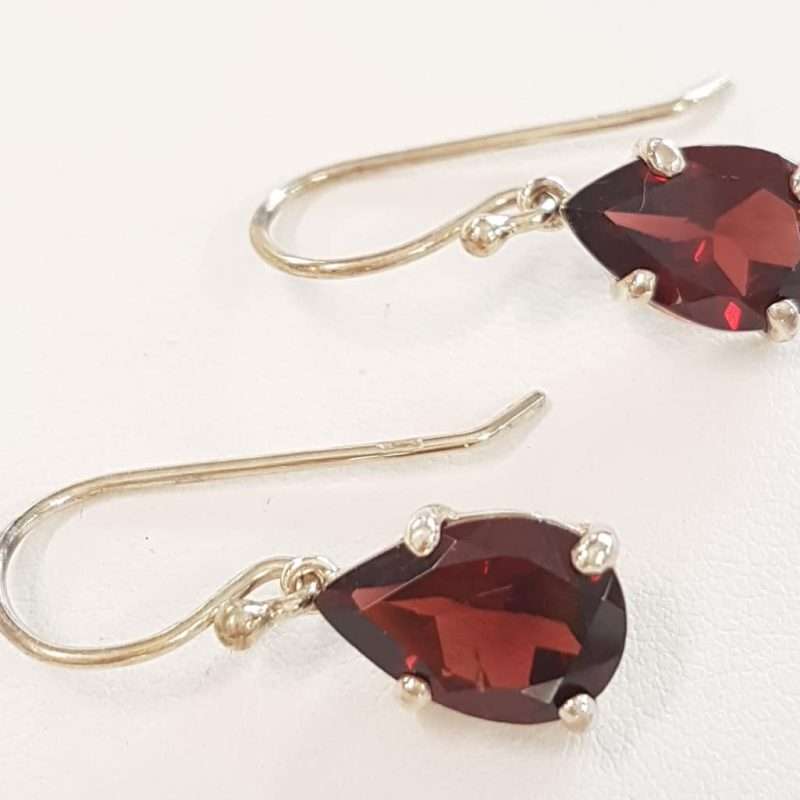 Sterling Silver Teardrop / Pear Shape Garnet Drop Earrings