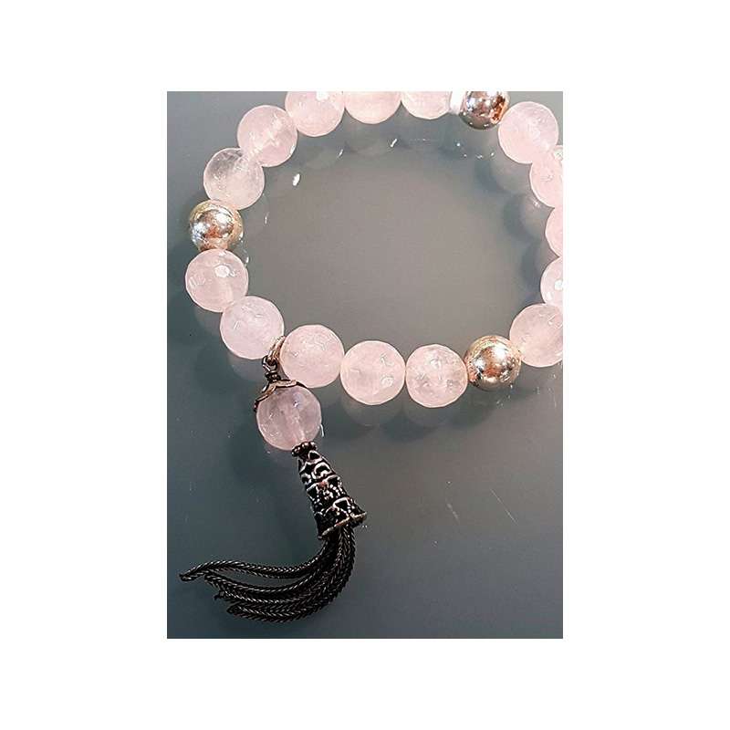 Sterling Silver Rose Quartz Bead Bracelet with Tassel