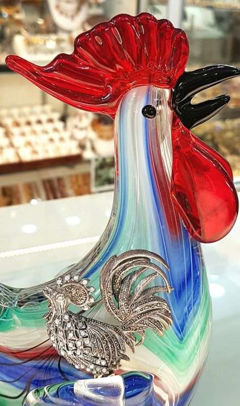 glass-rooster Sterling Silver Large Marcasite and Mother of Pearl Rooster Brooch