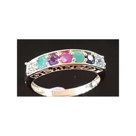 9ct Gold "Dearest" Ring with 7 coloured gems