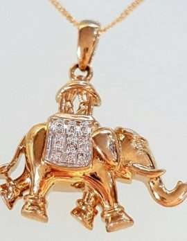 9ct Yellow Gold and Diamond Elephant Pendant on Gold Chain
