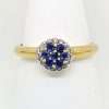 gold ring 9ct - floral cluster design - 7 blue sapphires & diamonds