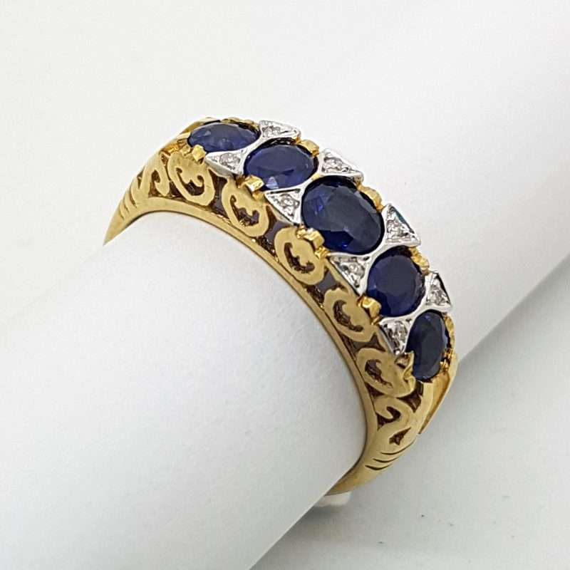 9ct Gold Bridge Set Ring with 5 Blue Sapphires and 8 Diamonds - Filigree Sides
