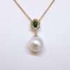 18ct Gold Emerald, South Sea Pearl and Diamond Drop Pendant on 9ct Chain