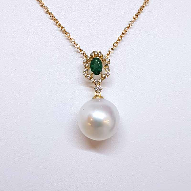 18ct Gold Emerald, South Sea Pearl and Diamond Drop Pendant on 9ct Chain