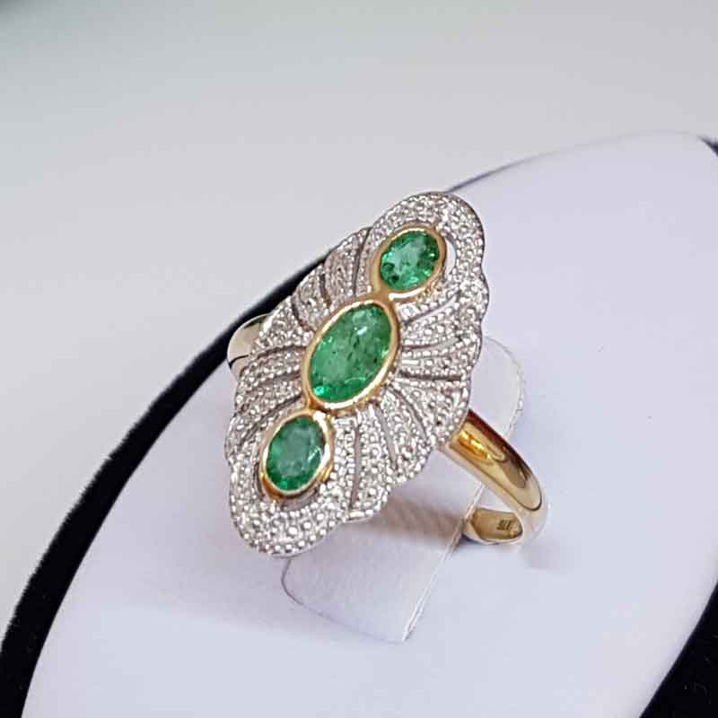 9ct Gold oval ring- 3 oval Emeralds surrounded by Diamonds